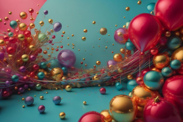 Colorful balloons and confetti on a blue background generative ai