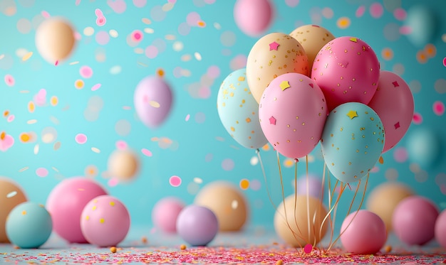 Colorful balloons and confetti on blue background selected focus Birthday background