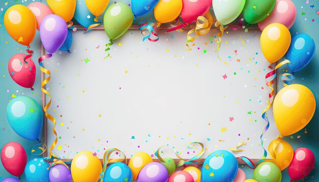 Colorful balloons and confetti on a white background