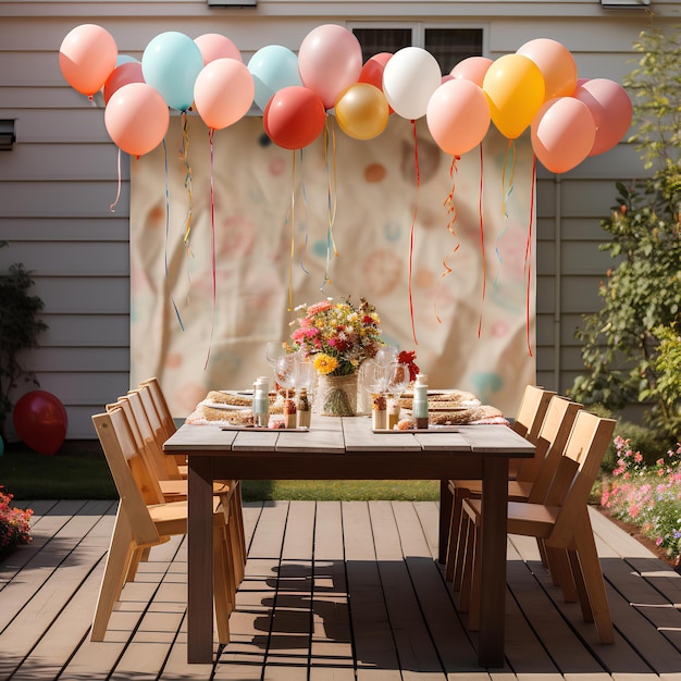 Colorful balloons decorate a table outside