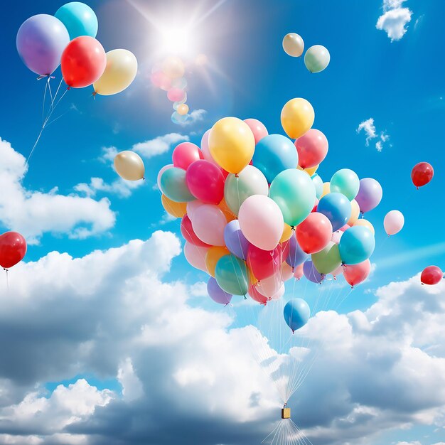 Фото Цветные воздушные шары плавают между голубым небом и белыми облаками