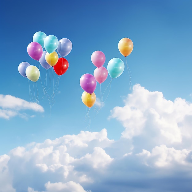 Colorful balloons float between the blue sky and clouds