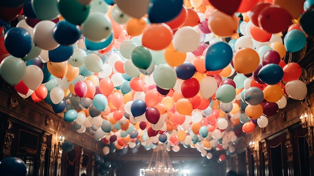 Colorful balloons floating on the ceiling of a party