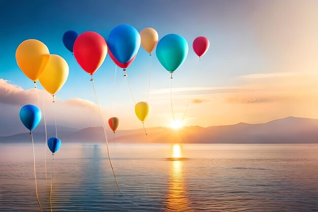 Colorful balloons floating on the water with the sun setting behind them