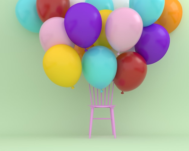 カラフルな風船が緑色の背景でピンクの椅子に浮かんでいます。
