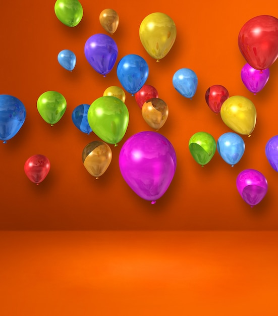 Colorful balloons group on orange wall background. 3D illustration render