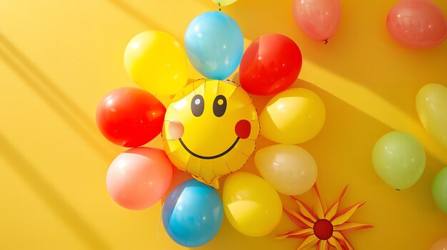 Фото Цветные шарики в форме цветка на желтом фоне шарики красные синие зеленые розовые и желтые