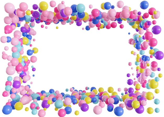 Colorful balloons isolated on white background Multicolor vibrant foreground Frame border with copy space in the middle Cut out graphic design elements Happy birthday party decoration 3D