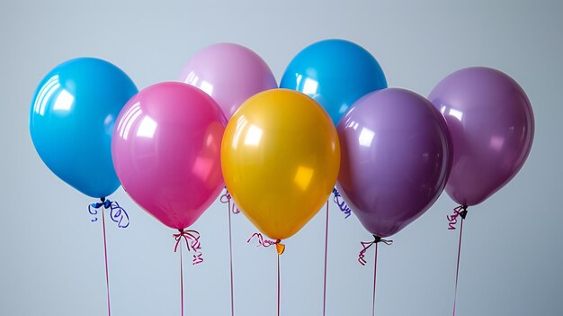 Colorful Balloons on Light Background Blue Pink Yellow and Purple Party Decorations