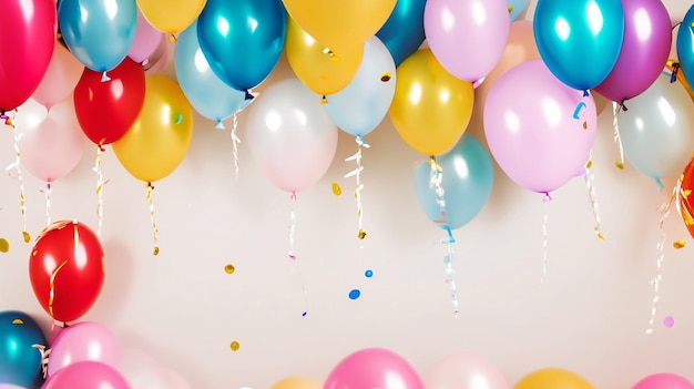 Colorful balloons for new year and birthday party celebrations with confetti and pink background