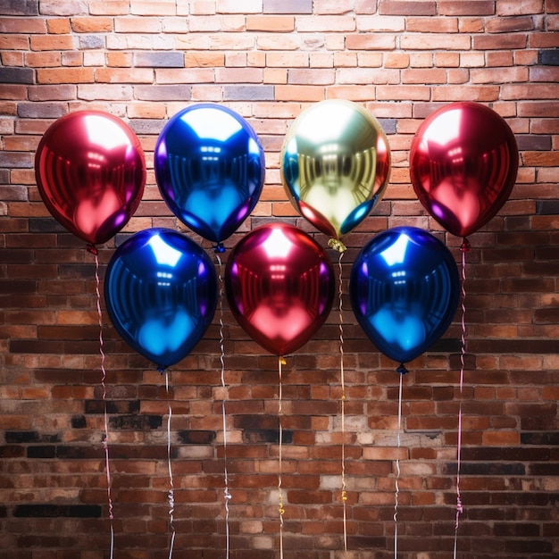 Фото Цветные воздушные шары на кирпичной стене на фоне 3d-рендера