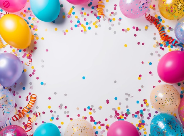 Colorful balloons ribbons and confetti on a white background creating a festive atmosphere