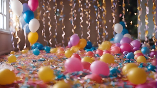 Colorful balloons and ribbons on the floor at a birthday party