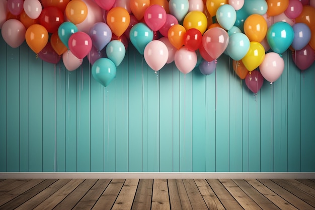 Photo colorful balloons in a room with wooden wall with copyspace