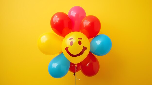 Photo colorful balloons in the shape of a flower on a yellow background the balloons are red blue green pink orange purple and yellow