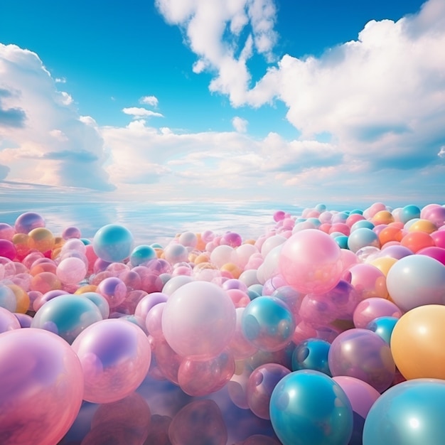 Colorful balloons in the sky background in the style of surreal 3d landscapes pink and aquamarine