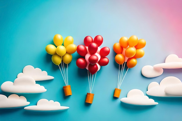 Foto palloncini colorati nel cielo con nuvole e la scritta 