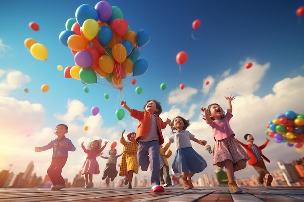 Colorful balloons and smiling kids celebrating Generative ai