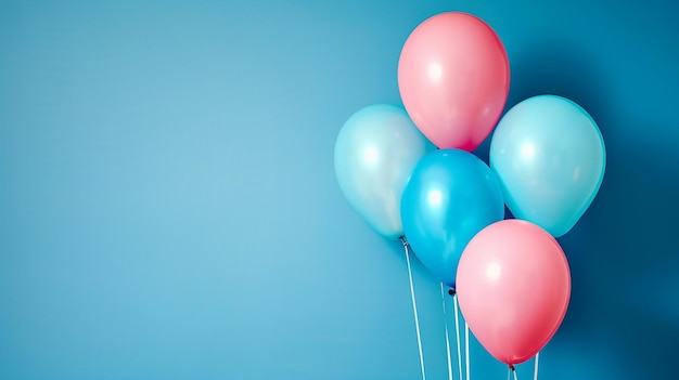 Colorful balloons on a vibrant blue background with space for text