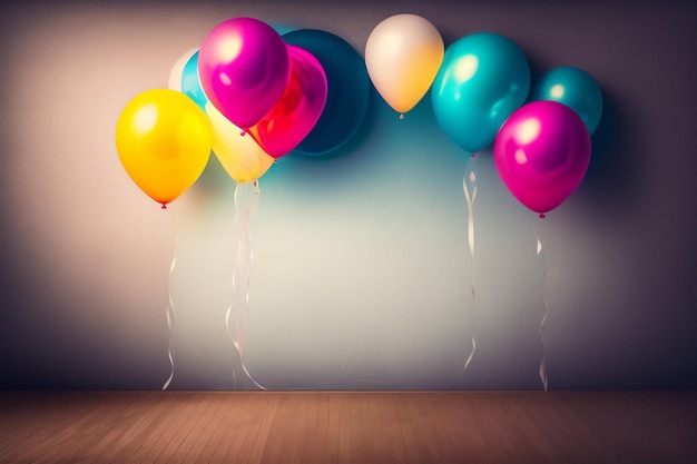 Colorful balloons on the wall with the word happy on the bottom