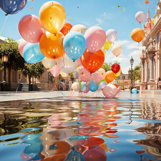 Colorful balloons over the water