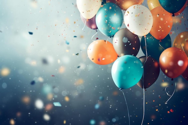 Colorful balloons with confetti on a dark background.