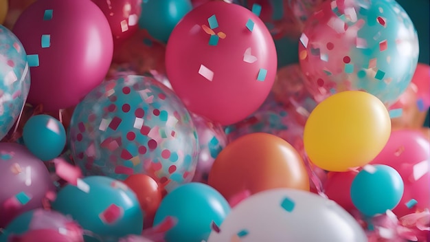 Colorful balloons with confetti and ribbons 3d rendering