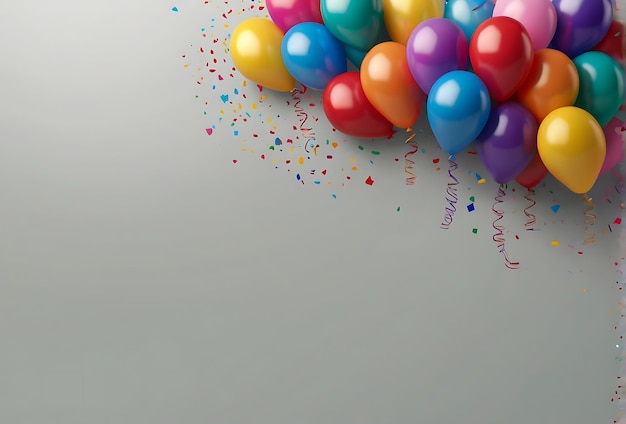 Colorful balloons with confetti and ribbons on gray wall 3D rendering