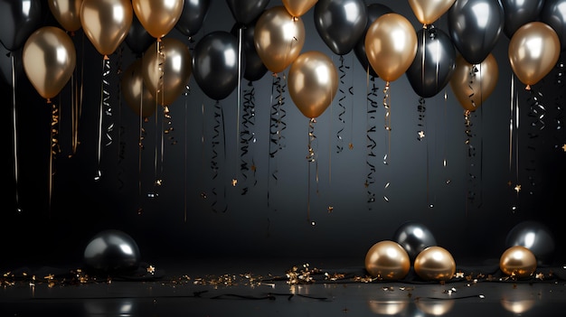 Colorful Balloons with Gift Boxes New Year Sale Concept Dark Colorful Background with Copy Space