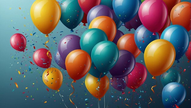 Colorful balloons with streamers on a blue background