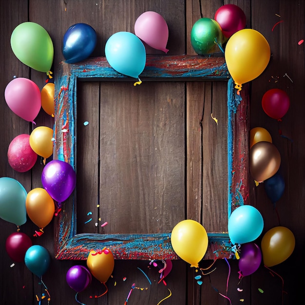 Colorful balloons on a wooden background