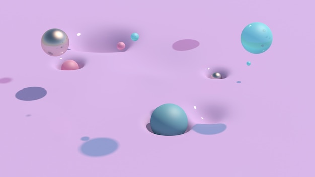 Colorful balls falling in lilac liquid. Abstract illustration, 3d render.