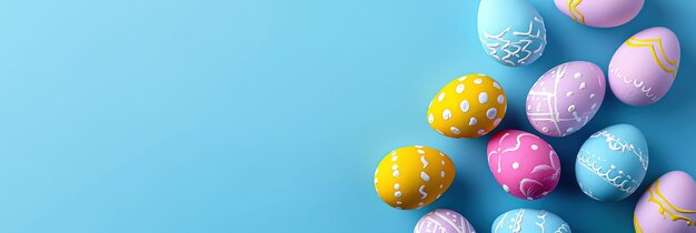 Foto banner colorato uova di pasqua carta blu pastello banner sfondo piatto vista superiore copia spazio