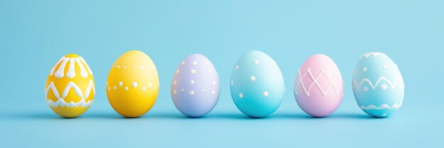 Foto banner colorato diverse uova di pasqua colorate pastello carta blu morbida sfondo banner spazio di copia