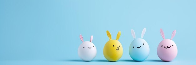 Foto bandiera colorata diverse uova di pasqua colorate con facce e orecchie di coniglio su bandiera blu pastello morbido