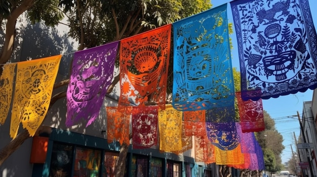 A colorful banner with the word day is hanging in front of a tree.