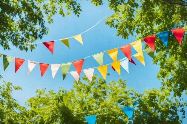 colorful banners hanging from a tree with trees in the background