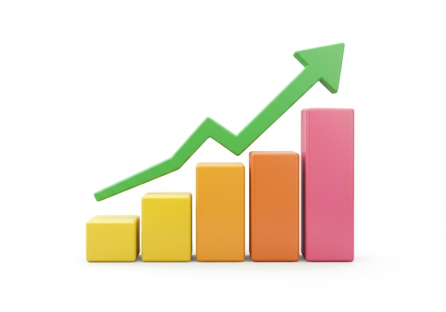 Colorful bar graph with a green arrow showing positive growth trend
