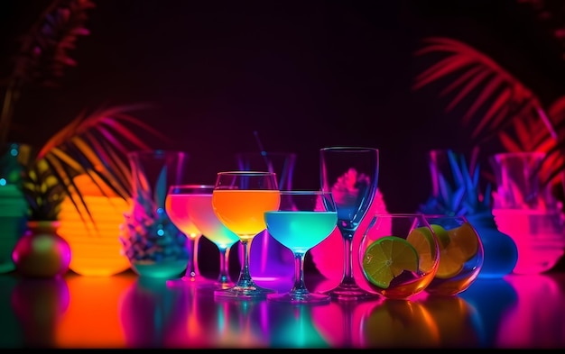 A colorful bar with many glasses of alcohol and a neon light behind it.