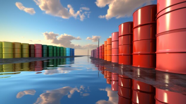 Photo colorful barrels stacked in a wetland area