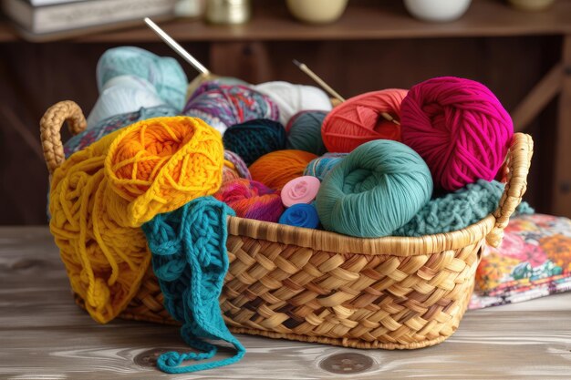 Colorful basket of knitting supplies with cozy throw nearby