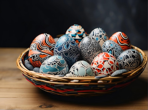 A Colorful Basket of Painted Eggs on a Rustic Wooden Table