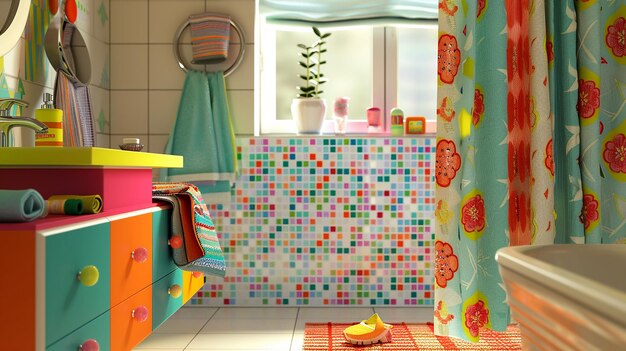 a colorful bathroom with a colorful shower curtain and a banana on the shelf