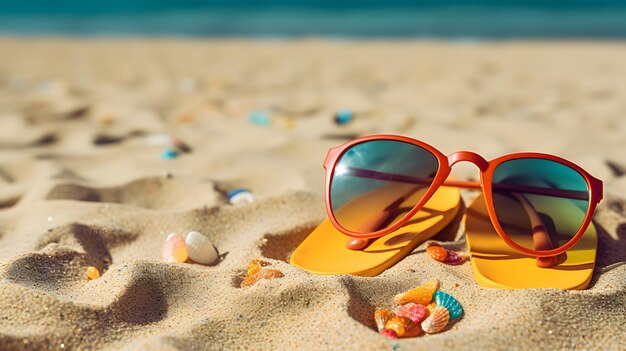 Colorful beach accessories such as flip flops and sunglasses