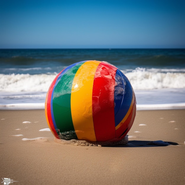 Foto un pallone da spiaggia colorato si trova nella sabbia su una spiaggia.