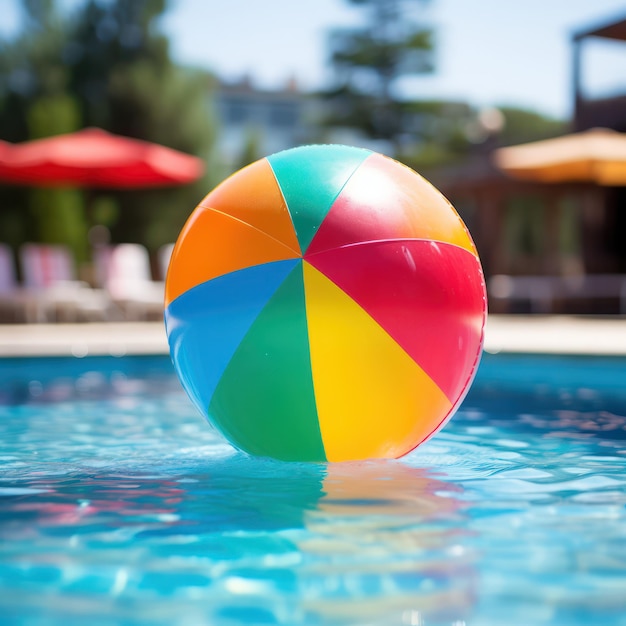 Colorful beach ball on swimming pool water inflatable summer vacation toy closeup