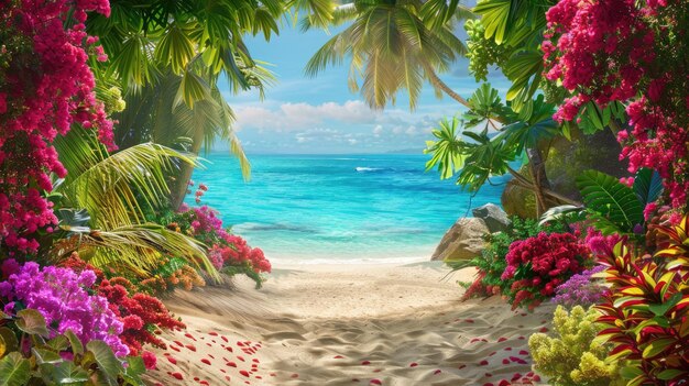 Colorful beach by the sea with palms and tropical flowers Background with copy space