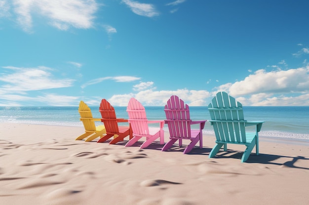 Photo colorful beach chairs lined up along the shore generative ai