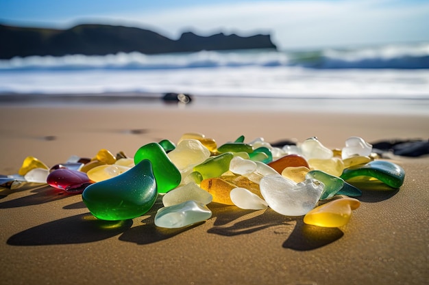 Colorful beach glass found on the shoreline with waves in the background created with generative ai