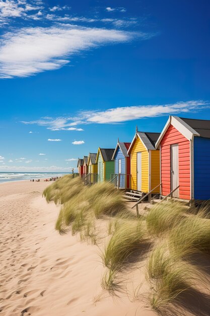 Photo colorful beach huts lined up against a backdrop of dunes